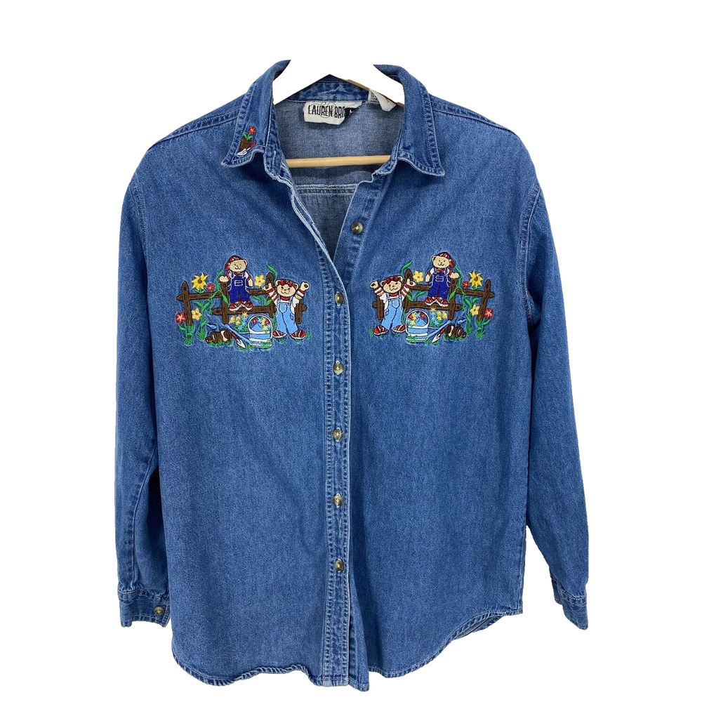 Vtg 90s Sz MED LAUREN BROOKE Shacket Button Down Shirt w/Garden Teddy Bears 1326